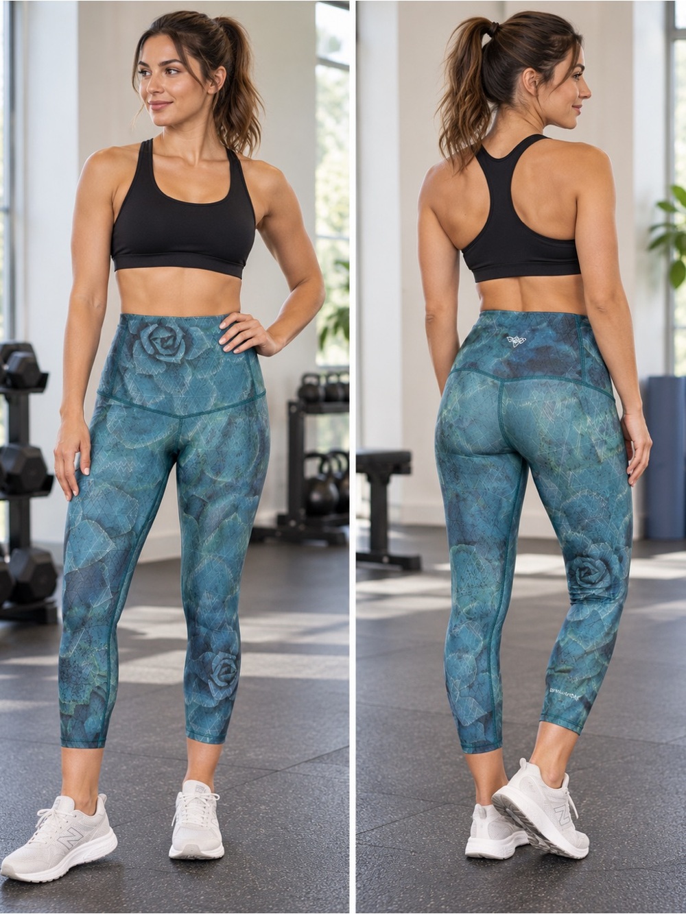 Bewildher High-Waist Teal Floral Print Cropped Leggings Size M Activewear